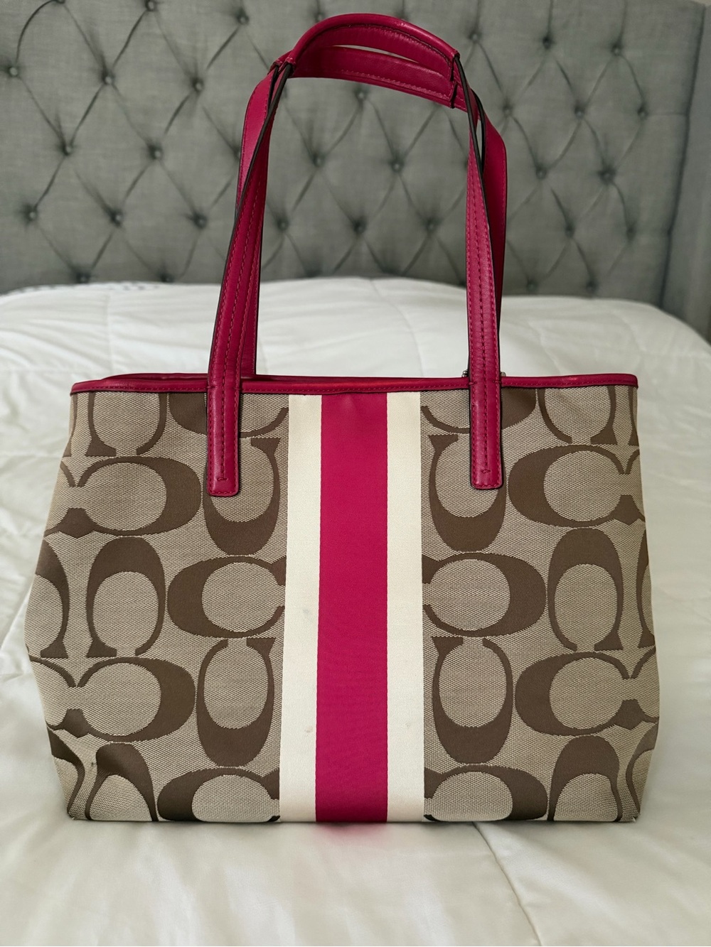 Coach Brown Signature Canvas Tote with Pink Center Stripe